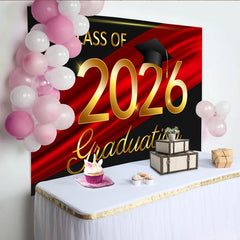Lofaris Elegant Gold Class of 2026 Graduation Party Backdrop with Cap, Red and Black Celebration Decor for Graduates