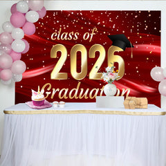 Lofaris Elegant Red and Gold Class of 2026 Graduation Party Backdrop, Featuring a Cap and Sparkling Confetti