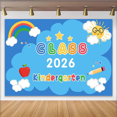Lofaris Vibrant Kindergarten Class 2026 Party Backdrop, Rainbow Sun Apple Pencil for Graduation Decor
