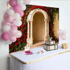Lofaris Elegant Red Roses and Green Ivy Stone Archway Party Backdrop, Romantic Wedding Engagement Photo Booth Decor
