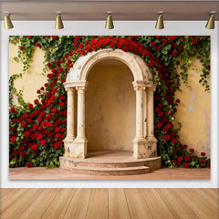 Lofaris Elegant Red Roses and Green Ivy Stone Archway Party Backdrop, Romantic Wedding Engagement Photo Booth Decor