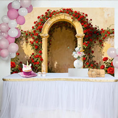 Lofaris Vintage Red Rose Archway Party Backdrop with Stone Columns, Elegant Floral Garden Photography Background for Weddings