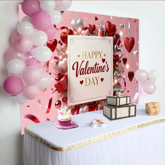 Lofaris Pink Happy Valentine's Day Party Backdrop, Featuring Red and Silver Hearts with Gift Boxes and Ribbons