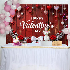 Lofaris Happy Valentine's Day Red Wood Party Backdrop, Romantic Hanging Hearts, Roses and Elegant Silver Garland Decor