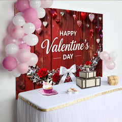 Lofaris Happy Valentine's Day Red Wood Party Backdrop, Romantic Hanging Hearts, Roses and Elegant Silver Garland Decor