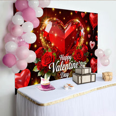 Lofaris Red Sparkling Heart Gem and Roses Happy Valentine's Day Party Backdrop, Romantic Love Celebration Decor