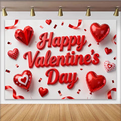 Lofaris Red 3D Happy Valentine's Day Party Backdrop with Hearts, Balloons, and Confetti for Romantic Celebration