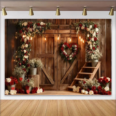 Lofaris Red and White Roses Heart Wreath Rustic Wooden Barn Door Party Backdrop, Valentine's Day Wedding Anniversary Decor