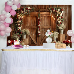 Lofaris Rustic Wooden Barn Door Party Backdrop, Elegant Red and White Rose Floral Arch Wedding Photography.