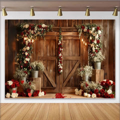 Lofaris Rustic Wooden Barn Door Party Backdrop, Elegant Red and White Rose Floral Arch Wedding Photography.