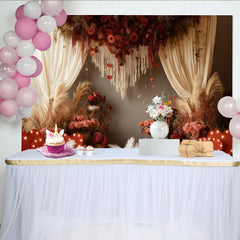 Lofaris Boho Red Roses and Hearts Party Backdrop with Pampas Grass, Elegant Valentine's Day Wedding Photo Decor