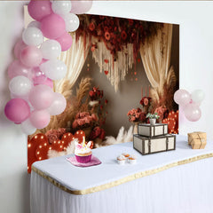Lofaris Boho Red Roses and Hearts Party Backdrop with Pampas Grass, Elegant Valentine's Day Wedding Photo Decor