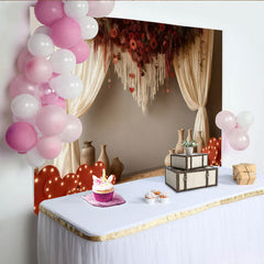 Lofaris Rustic Red Roses and Hearts Macrame Party Backdrop with Cream Curtains, for Valentine's Day Wedding