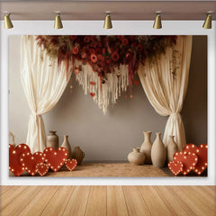Lofaris Rustic Red Roses and Hearts Macrame Party Backdrop with Cream Curtains, for Valentine's Day Wedding