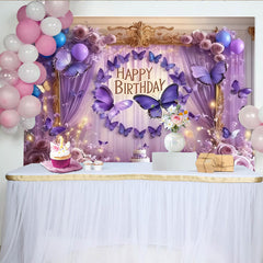 Lofaris Elegant Purple Butterfly Happy Birthday Party Backdrop, Dreamy Roses and Lavender Balloons Decor