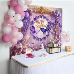 Lofaris Elegant Purple Butterfly Happy Birthday Party Backdrop, Dreamy Roses and Lavender Balloons Decor