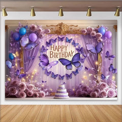 Lofaris Elegant Purple Butterfly Happy Birthday Party Backdrop, Dreamy Roses and Lavender Balloons Decor