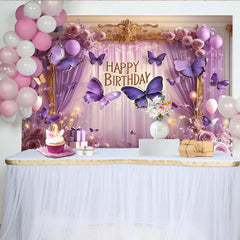 Lofaris Happy Birthday Purple Butterfly Party Backdrop with Elegant Roses and Balloons, Gold Frame Decor