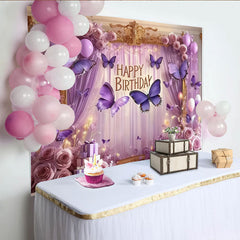 Lofaris Happy Birthday Purple Butterfly Party Backdrop with Elegant Roses and Balloons, Gold Frame Decor