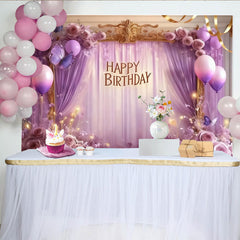Lofaris Elegant Purple Lavender Happy Birthday Party Backdrop with Butterflies, Roses and Balloons, Golden Frame Decor