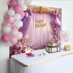 Lofaris Elegant Purple Lavender Happy Birthday Party Backdrop with Butterflies, Roses and Balloons, Golden Frame Decor
