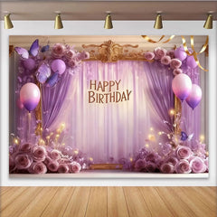 Lofaris Elegant Purple Lavender Happy Birthday Party Backdrop with Butterflies, Roses and Balloons, Golden Frame Decor