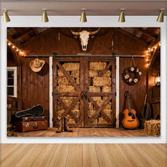Lofaris Rustikale Scheune Holzwände Heuballen Partyhintergrund, für Western Country Party, mit Cowboyhut Stiefel und Gitarre