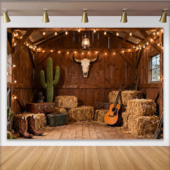 Lofaris Rustikaler Western-Hintergrund mit Scheunen-Flair und Lichterkette, für Country-Partys und Fotoshootings