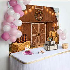 Lofaris Rustikaler Scheunen-Partyhintergrund, Country-Western-Dekoration mit Lichterketten und Heuballen