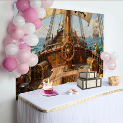 Lofaris Abenteuerlicher Piratenschiff-Schatzinsel-Partyhintergrund, mit Papagei und Steuerrad, für Kindergeburtstage