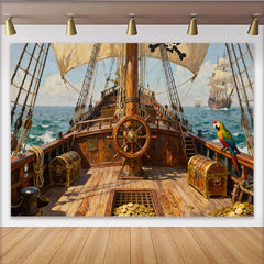 Lofaris Abenteuerlicher Piratenschiff-Schatzinsel-Partyhintergrund, mit Papagei und Steuerrad, für Kindergeburtstage