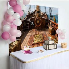 Lofaris Piratenschiff-Partyhintergrund mit Schatzkisten und Goldmünzen, für Kindergeburtstage und Abenteuerfeiern