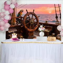 Lofaris Abenteuerlicher Piraten-Schiff-Partyhintergrund mit Schatz, Papagei und Sonnenuntergang am Meer, für Kindergeburtstage