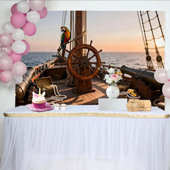 Lofaris Realistischer Piratenschiff-Partyhintergrund mit Steuerrad und Schatz, für Abenteuer-Geburtstage und Events