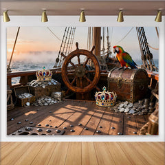 Lofaris Piratenschiff-Hintergrund mit Schatzkiste, Krone und Papagei, Fotokulisse für Kindergeburtstage