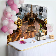 Lofaris Piraten-Schiffdeck, goldene Steuerräder und Schatzkiste Partyhintergrund, für Abenteuer-Geburtstagsfeiern