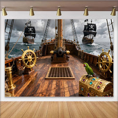 Lofaris Piraten-Schiffdeck, goldene Steuerräder und Schatzkiste Partyhintergrund, für Abenteuer-Geburtstagsfeiern