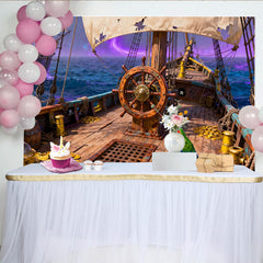 Lofaris Piratenschiff, Steuerrad und Goldmünzen Partyhintergrund, mit Papagei und lila Himmel, für Abenteuer-Geburtstagsfeiern