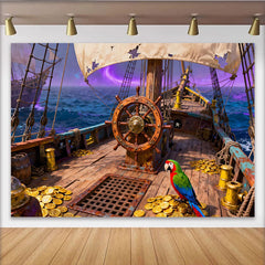 Lofaris Piratenschiff, Steuerrad und Goldmünzen Partyhintergrund, mit Papagei und lila Himmel, für Abenteuer-Geburtstagsfeiern