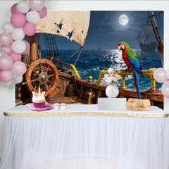 Lofaris Piratenschiff-Partyhintergrund mit Vollmond und Papagei, Goldmünzen und tattered Segel, für Abenteuer-Geburtstage
