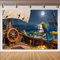 Lofaris Piratenschiff-Partyhintergrund mit Vollmond und Papagei, Goldmünzen und tattered Segel, für Abenteuer-Geburtstage