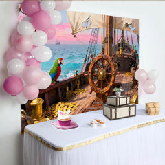 Lofaris Abenteuerlicher Piraten-Schiff-Hintergrund, mit Papagei und Goldmünzen, für Kindergeburtstage und Mottopartys