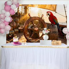 Lofaris Goldener Piratenschiff-Deck-Hintergrund mit Steuerrad, Papagei und Schatzkisten, für Abenteuer-Partys, Fotokulisse