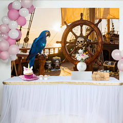 Lofaris Piratenschiff Steuerrad Totenkopf Papagei Schatzkiste Partyhintergrund, für Kindergeburtstage und Abenteuerpartys