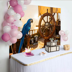 Lofaris Piratenschiff Steuerrad Totenkopf Papagei Schatzkiste Partyhintergrund, für Kindergeburtstage und Abenteuerpartys