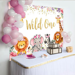 Lofaris Aquarell Safari-Tiere, Blumenkränze und Glitzer Party-Hintergrund, für den ersten Geburtstag und Babypartys