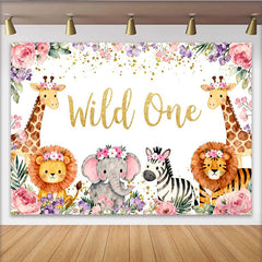 Lofaris Aquarell Safari-Tiere, Blumenkränze und Glitzer Party-Hintergrund, für den ersten Geburtstag und Babypartys