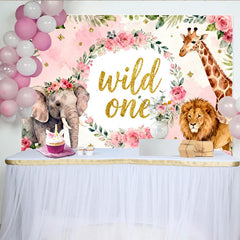Lofaris Rosa Aquarell-Safari-Hintergrund für den ersten Geburtstag, mit Blumenkranz, Elefant, Giraffe und Löwe