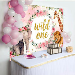 Lofaris Rosa Aquarell-Safari-Hintergrund für den ersten Geburtstag, mit Blumenkranz, Elefant, Giraffe und Löwe