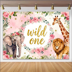 Lofaris Rosa Aquarell-Safari-Hintergrund für den ersten Geburtstag, mit Blumenkranz, Elefant, Giraffe und Löwe